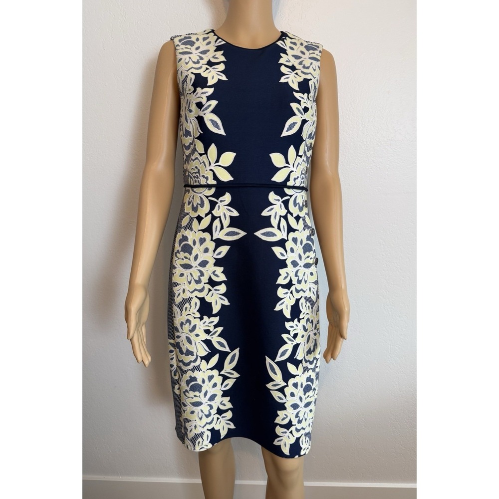 Vintage 90s Kate & Lily Navy Yellow Floral Sheath Dress Sleeveless Womens Size 4